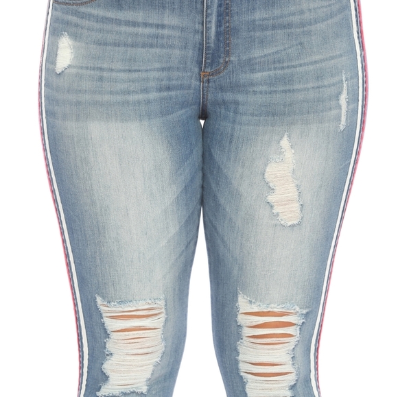 ♥️14 16 18 Plus♥️Mid Destroyed Crop Racer Stripe - Picture 5 of 8